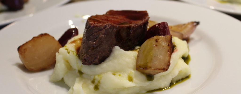 Beef with Pomme Puree and Charred Onoin